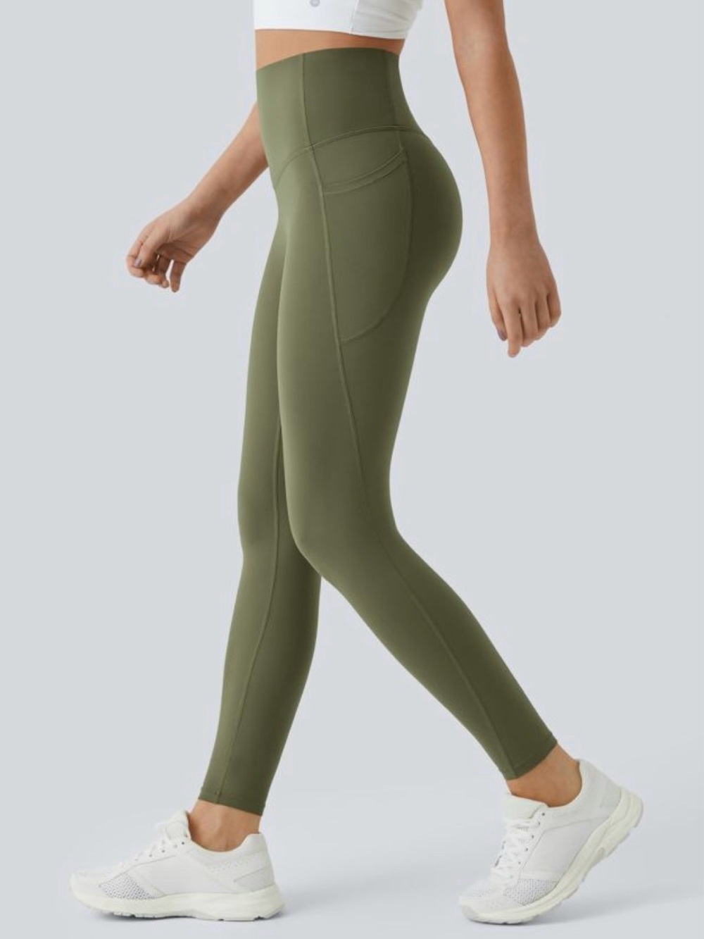 HALARA High-Waist Olive Green Leggings and Matching Shirt with Built in Bra - Picture 8 of 14